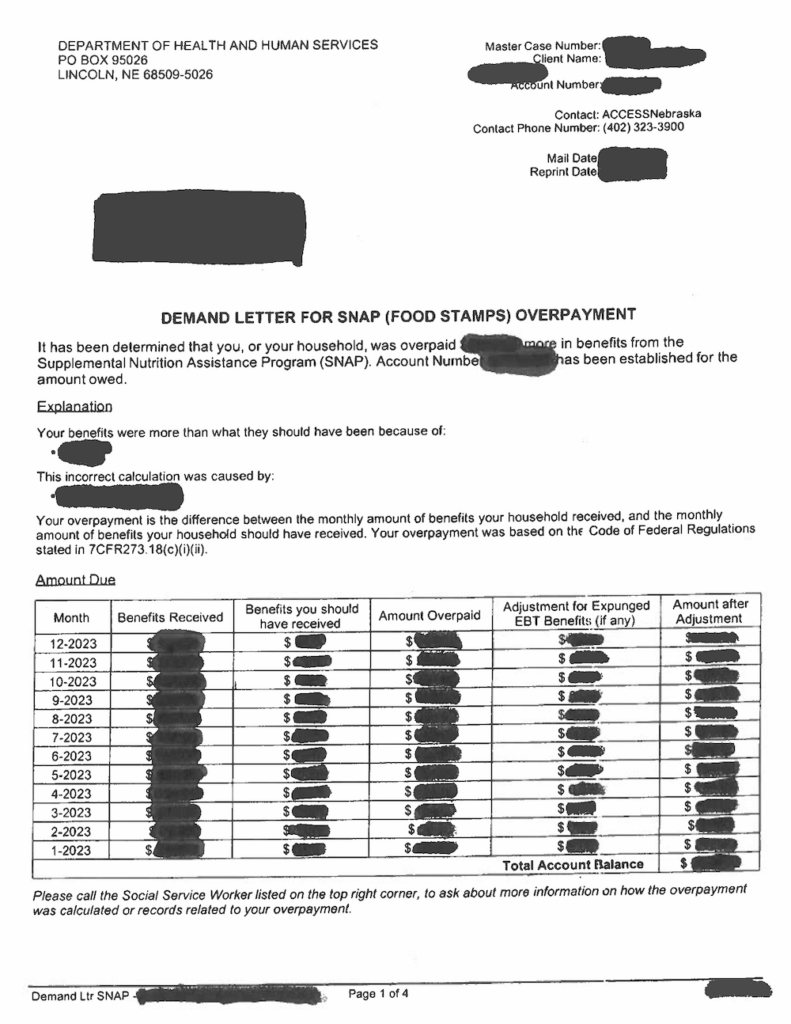 SNAP overpayment demand letter - redacted